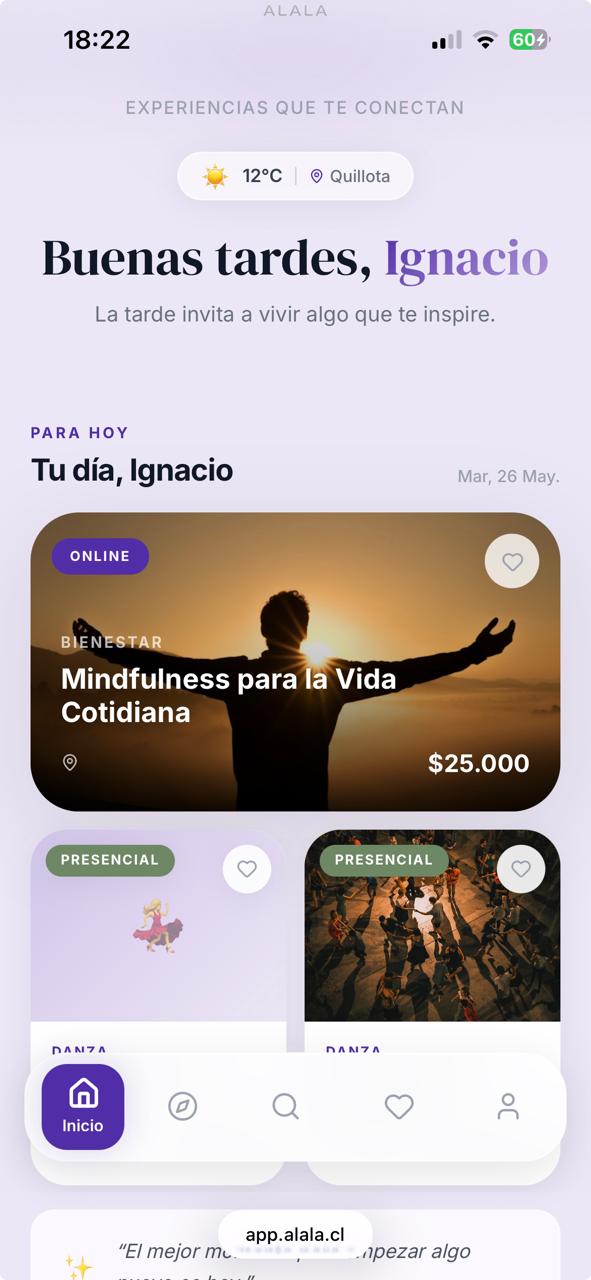 Captura de pantalla de la plataforma ALALÁ mostrando cursos culturales y de bienestar